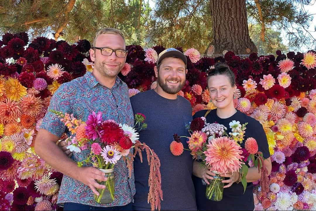 Three people standing among colorful flowers with a tree in the background